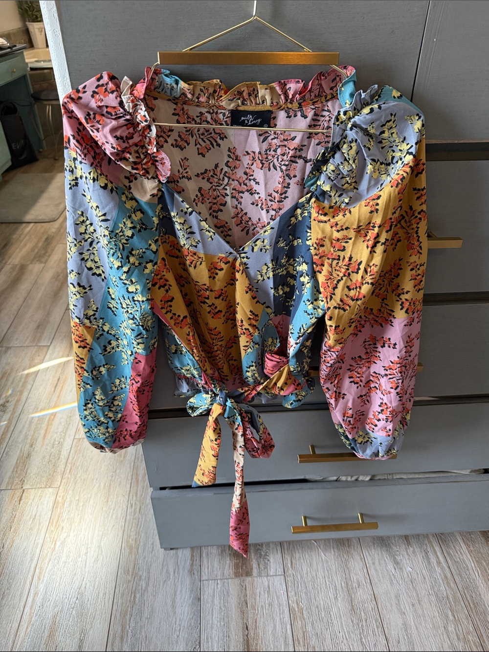 Multi-Color Floral Wrap Top with Ruffle Collar